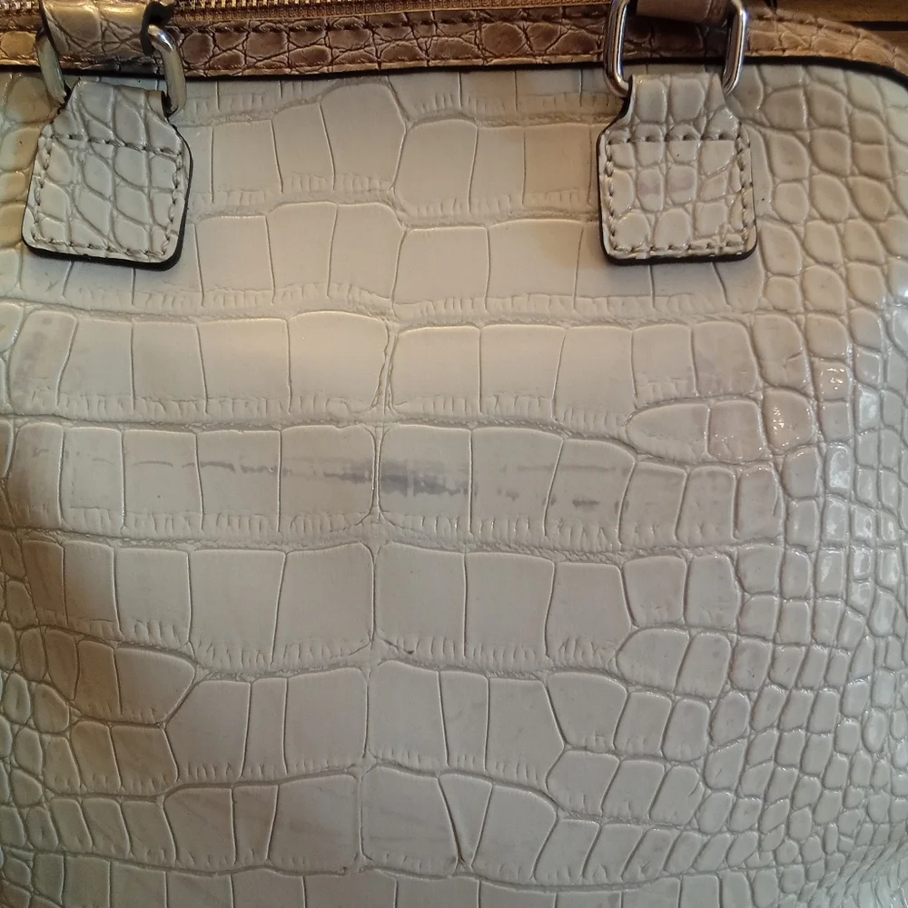 G By Guess Satchel Bag in cream, gray, and brown with a crocodile print
